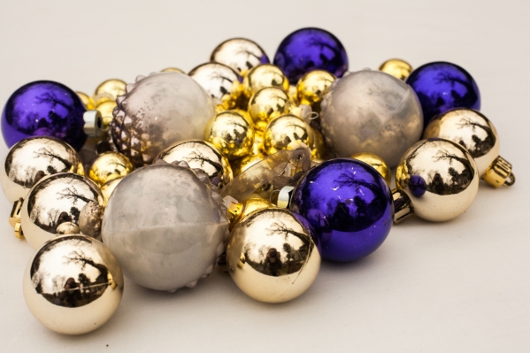 Purple, silver, and gold Christmas balls
